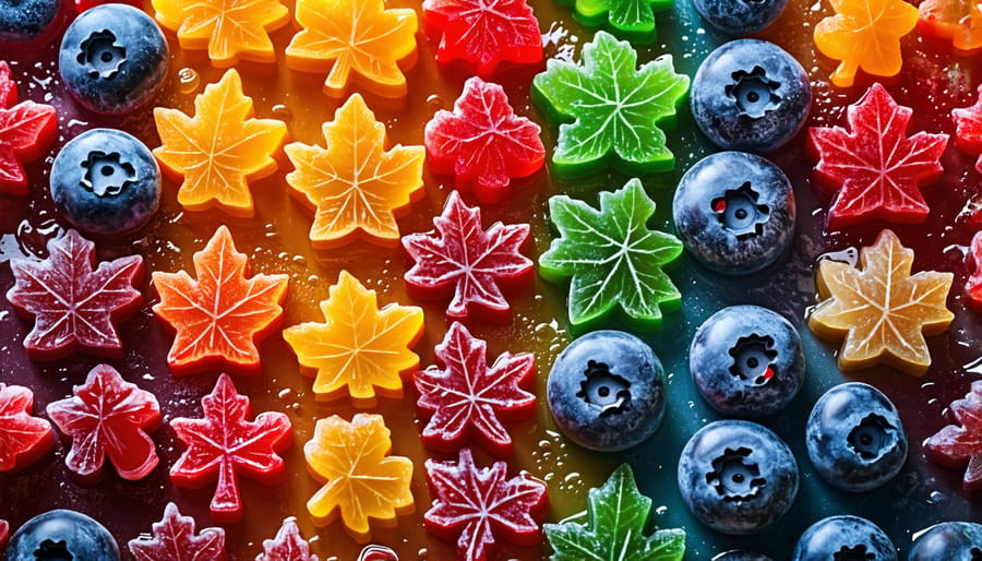 Close-up display of colorful THC gummies shaped like Canadian ingredients, symbolizing the fusion of local flavors and cannabis in the culinary scene, with chefs working in the background.