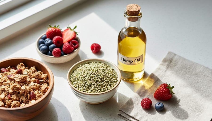 Hemp hearts and hemp oil styled on a wooden kitchen table with granola and berries