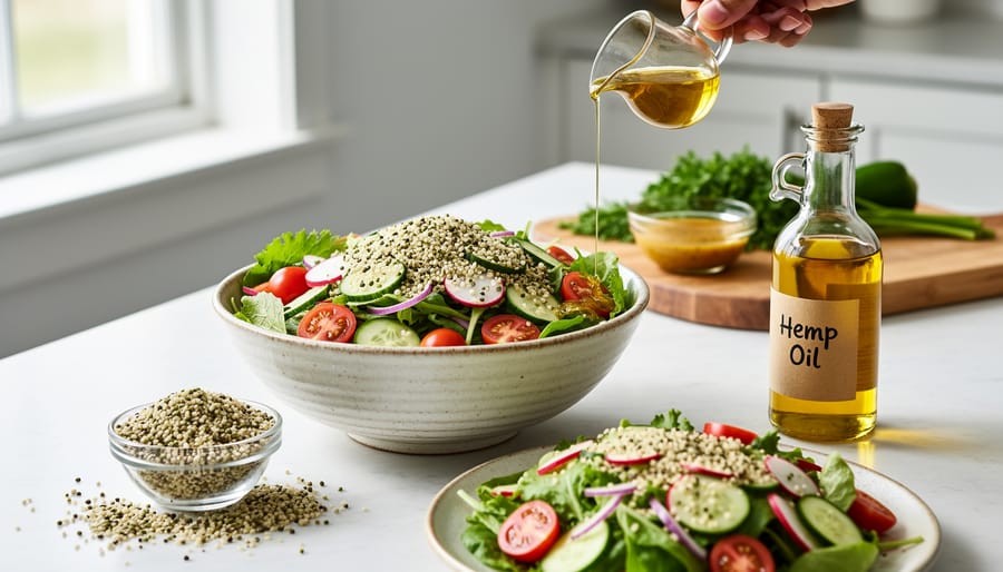 Hemp hearts sprinkled on a salad with hemp oil vinaigrette in a ramekin