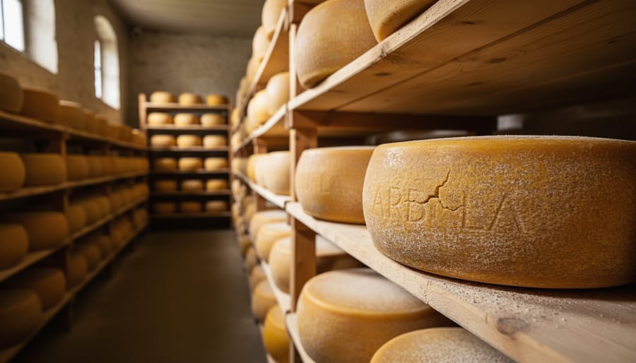 Close-up of aged cheddar cheese with blurred cheese aging shelves in the background