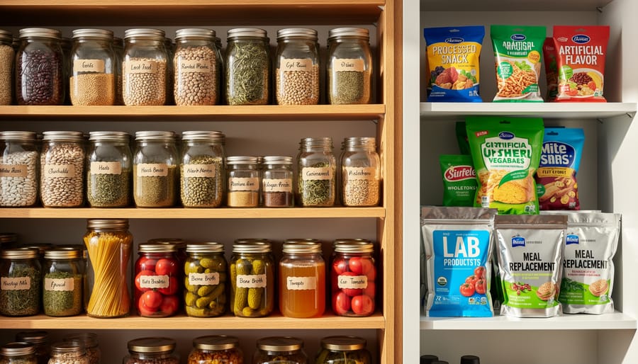 Assorted Canadian pantry foods including aged cheese and fermented vegetables arranged on a shelf in a kitchen