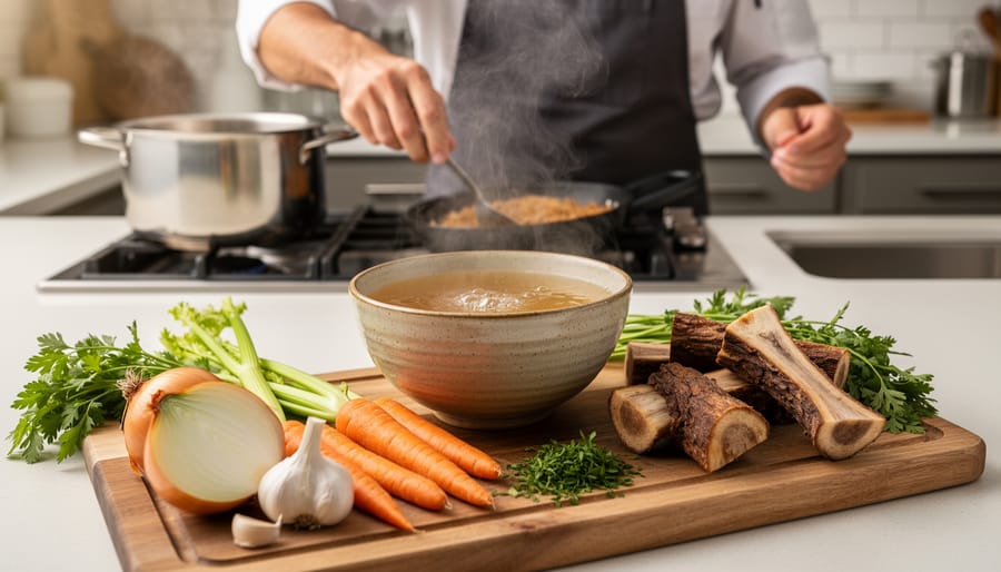 Chef’s hands preparing a steaming bowl of bone broth on a kitchen cutting board